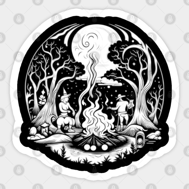 White Night of Abstract Witches' Coven Forest Campfire Sticker by vystudio